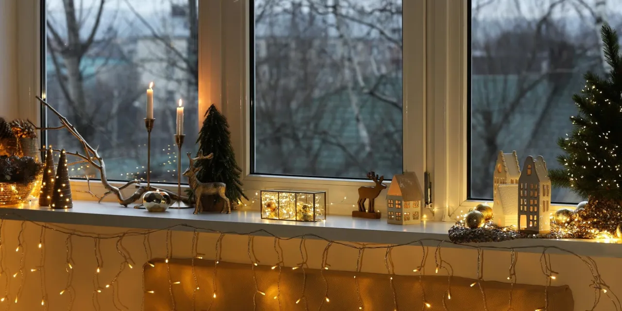 dekoracje świetlne na parapet, lampy i świece na parapecie