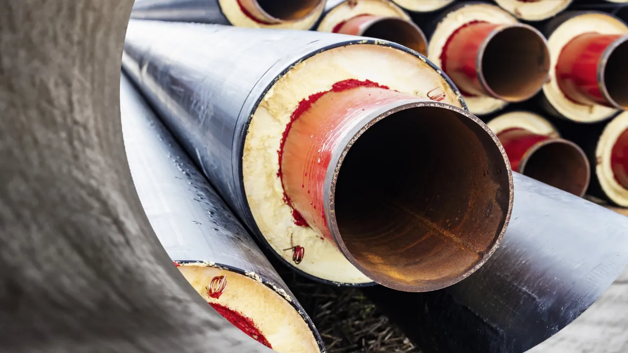 Stosy rur z izolacją z pianki do ocieplania rur, gotowe do montażu.