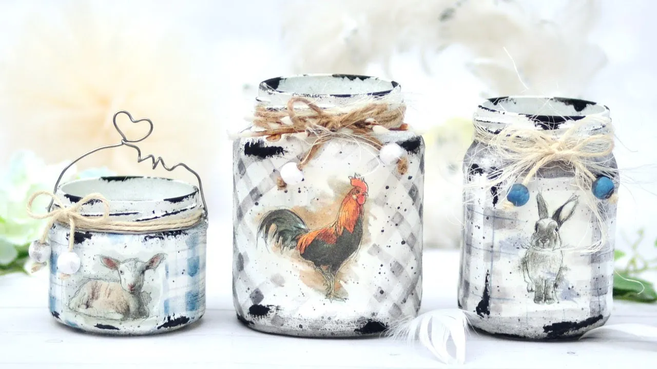 słoiki ozdobione techniką decoupage i malowane farbami