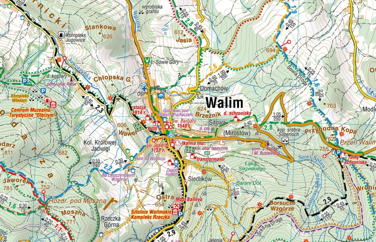 Mapa G&oacute;r Sowich z zaznaczonymi miejscowościami noclegowymi