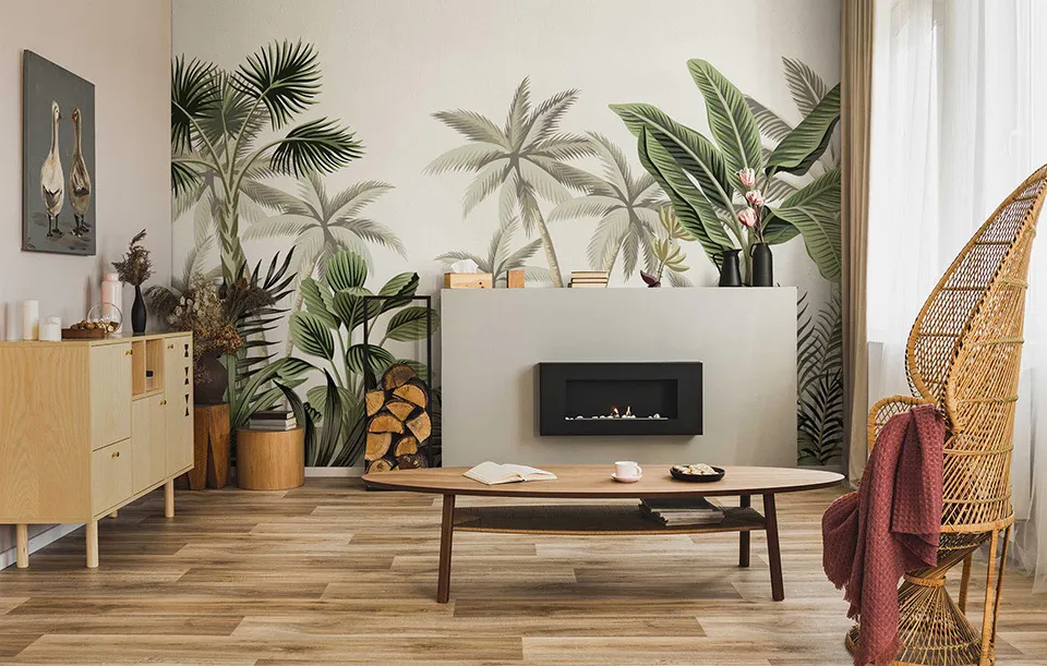 beżowy salon z dużymi roślinami doniczkowymi