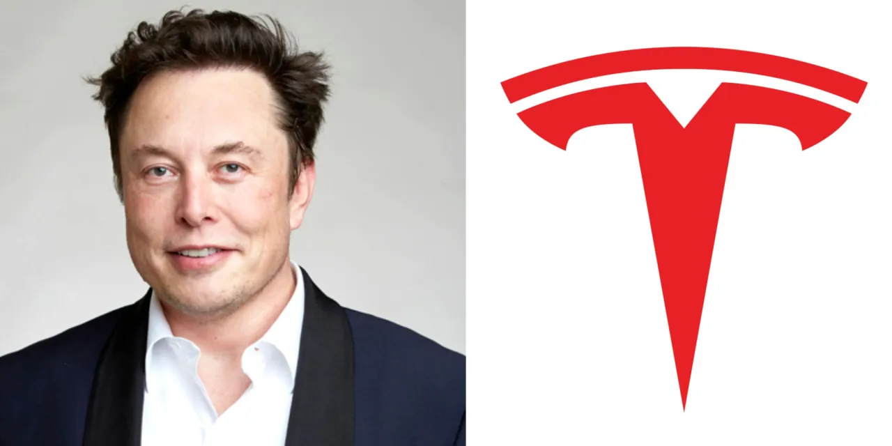 Elon Musk, wizjoner i jeden z gł&oacute;wnych właścicieli Tesli, obok czerwonego logo firmy.