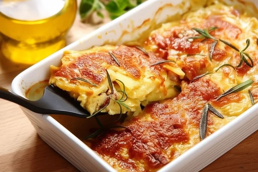 domowa zapiekanka ziemniaczana z kiełbasą złocista