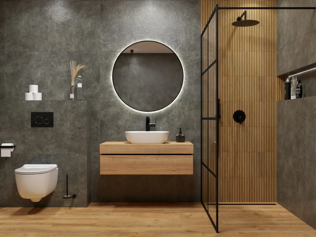 Lustro na lamelach w łazience aranżacja