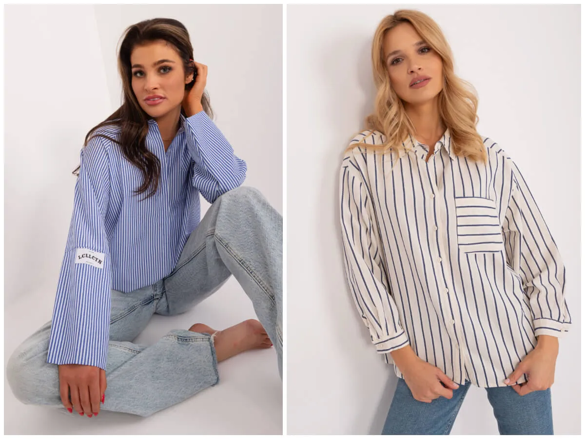 elegancka stylizacja do biura z koszulą w paski