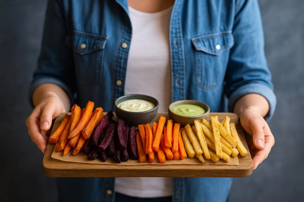 różne rodzaje frytek warzywnych na talerzu