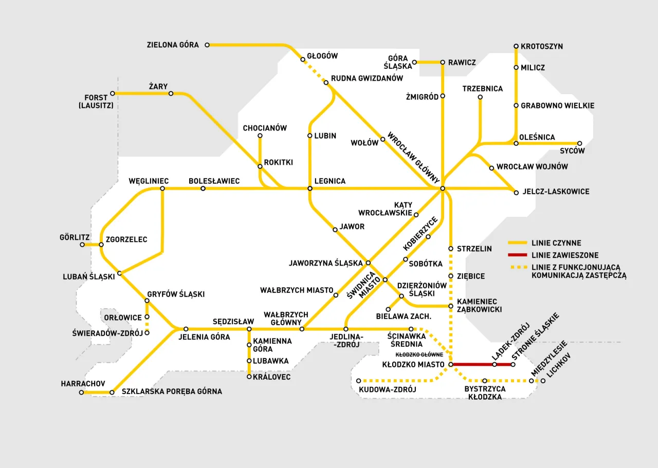 Mapa połączeń kolejowych do Lądka-Zdroju