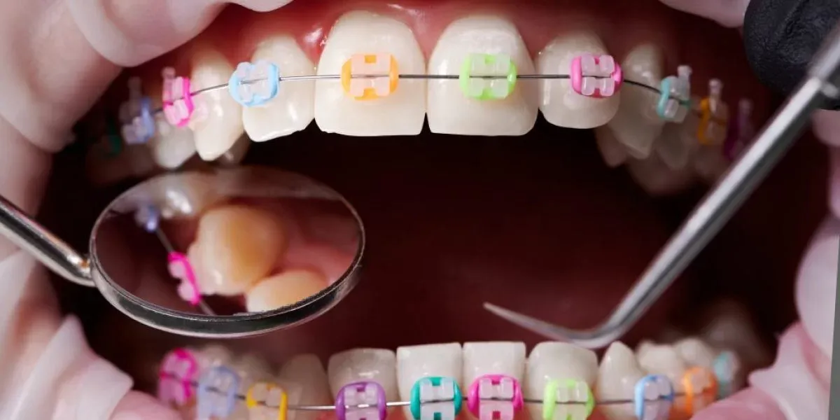 aparat metalowy z kolorowymi gumkami na zębach