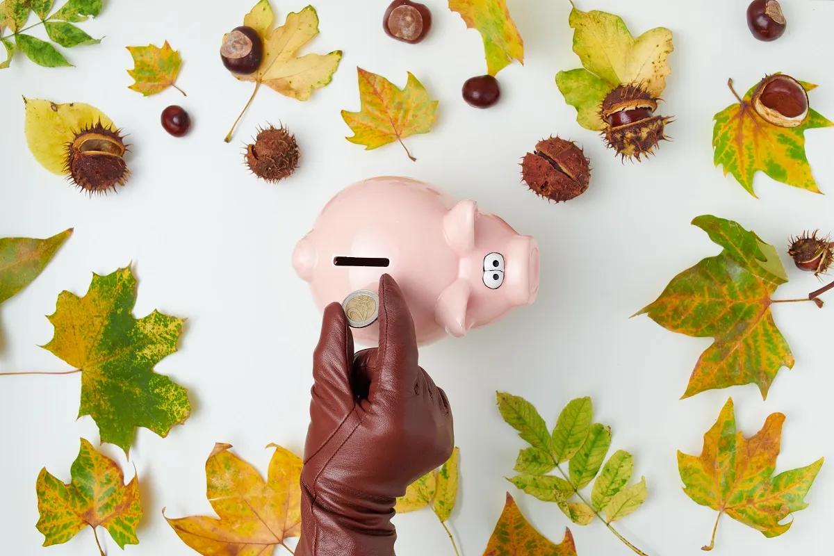 Jesienna aura sprzyja refleksji nad tym, jak żyć oszczędnie. Różowa świnka-skarbonka i moneta w dłoni to symbol gromadzenia funduszy.
