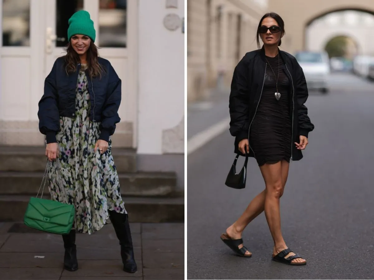 zimowe stylizacje sukienka kurtka puchowa pikowana