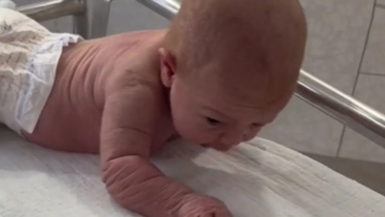 niemowlę leżące na brzuchu podnoszące główkę