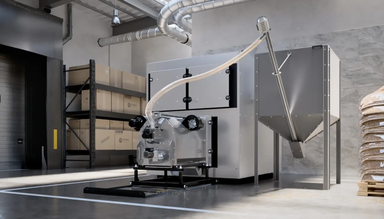 Nowoczesny kocioł klasy B, co to znaczy? To wydajne urządzenie grzewcze w magazynie, zasilane z zasobnika.