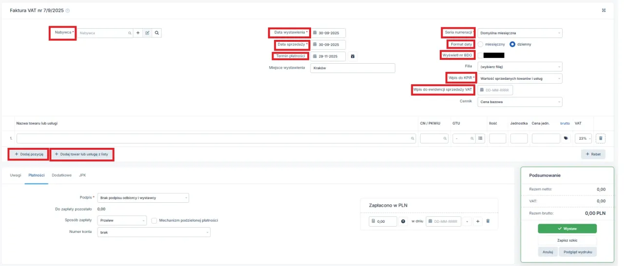 Faktura za najem z zaznaczoną datą sprzedaży i datą wystawienia