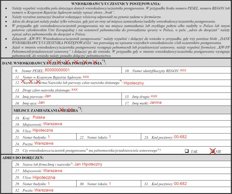 Wniosek KW-WPIS wypełniony przykład
