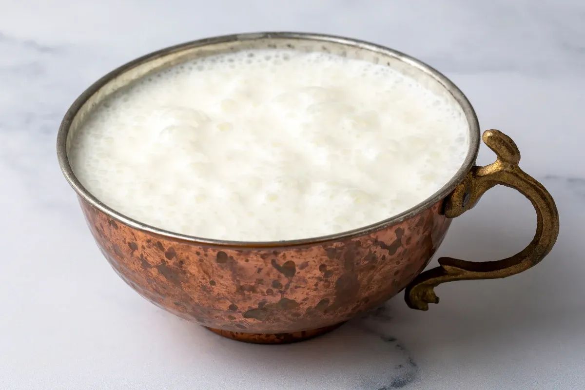Puszysty, biały napój w miedzianej miseczce z uchwytem. To jest ayran, tradycyjny napój jogurtowy.