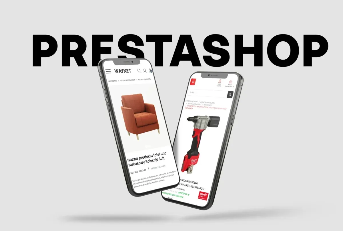 Prestashop co to? Dwa telefony z otwartymi sklepami internetowymi: jeden z fotelem, drugi z nitownicą.