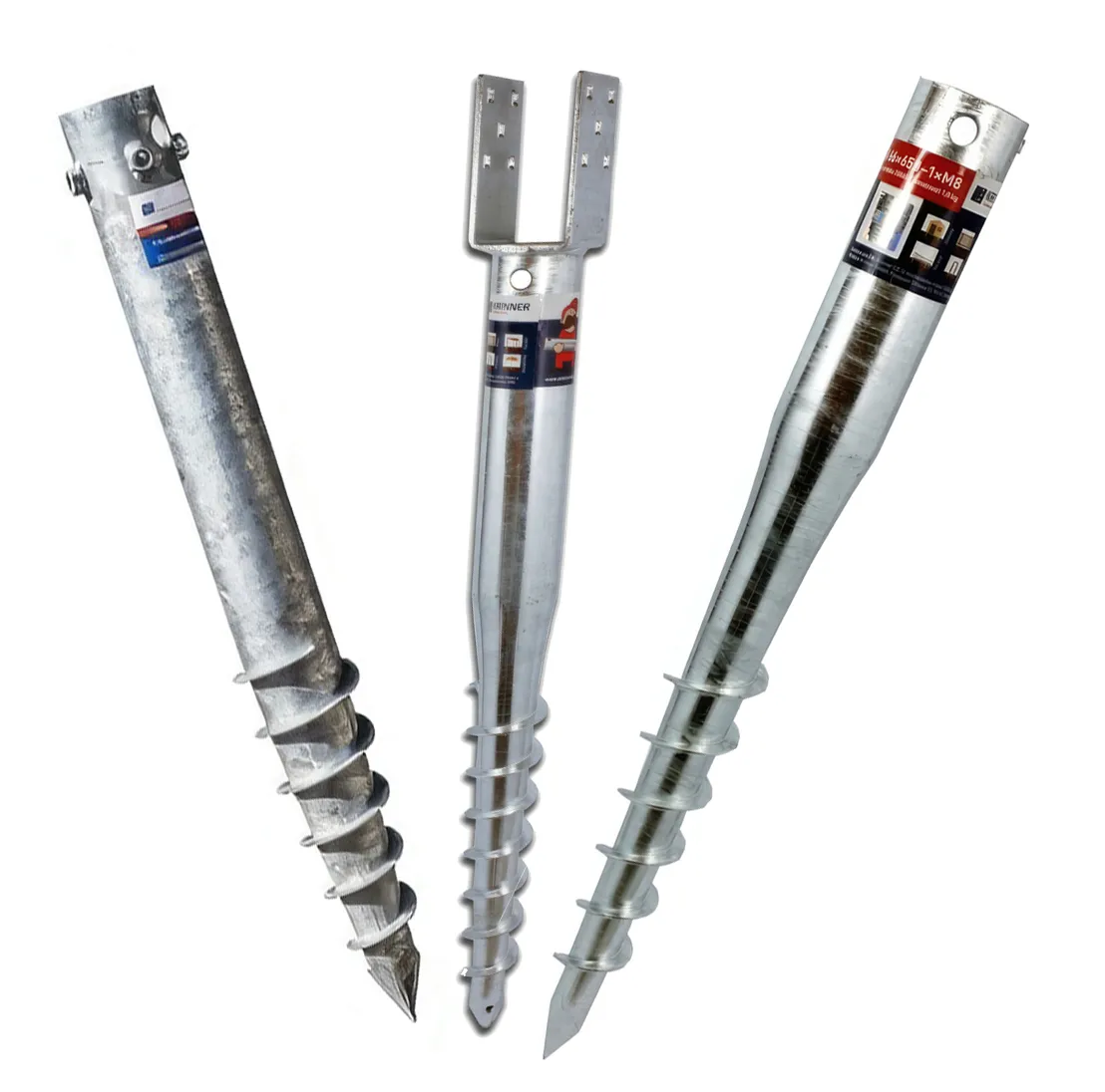 różne rodzaje kotew metalowych do ziemi na białym tle