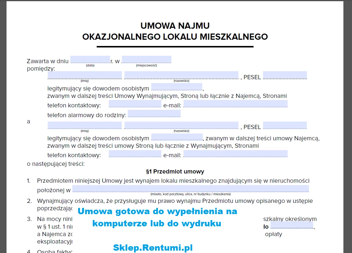 umowa najmu okazjonalnego dokumenty