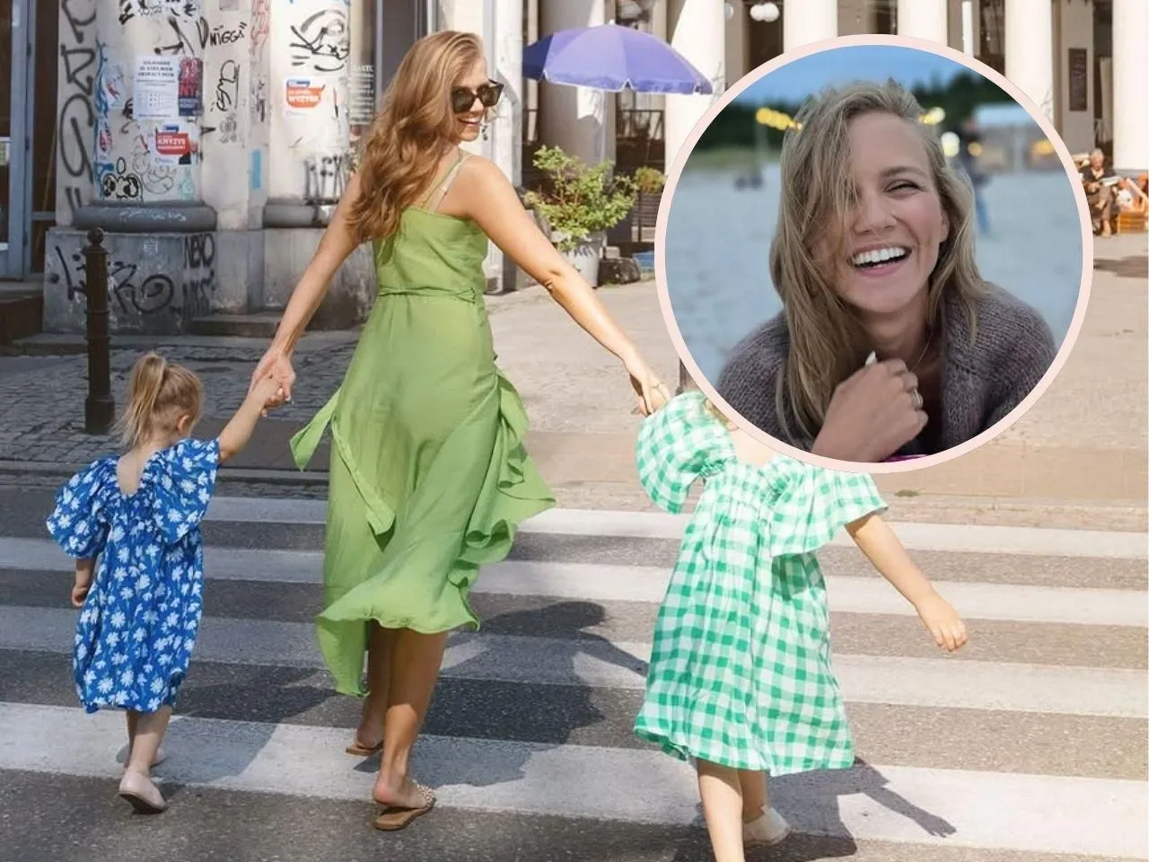 Agnieszka Kaczorowska z dziećmi przechodzi przez pasy. Uśmiechnięta mama prowadzi córeczki w kolorowych sukienkach.