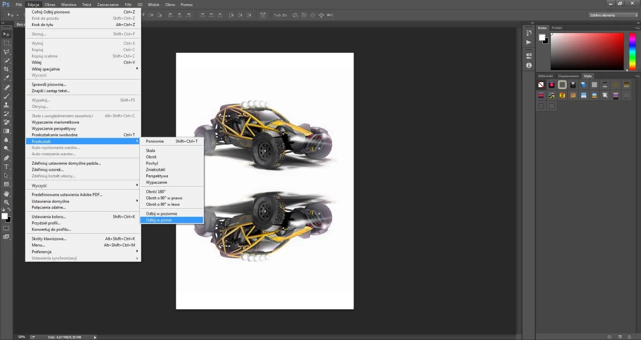 Menu Edycja > Przekształć > Odbij w pionie. Tak obracasz obraz w Photoshopie, by uzyskać lustrzane odbicie.
