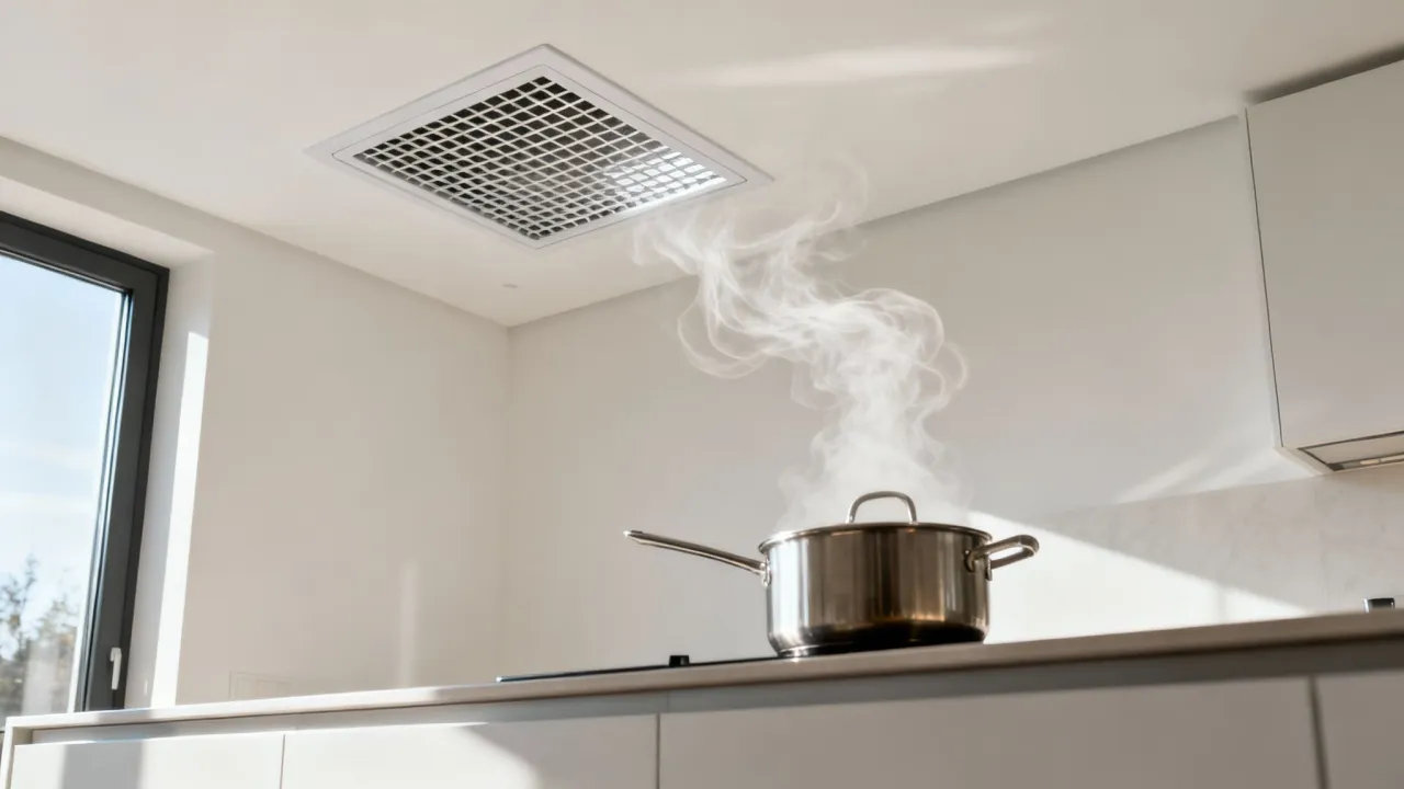 Para dowiedzieć się, jak zamontować kratkę wentylacyjną w kuchni, zobacz, jak para z garnka jest zasysana do sufitu.