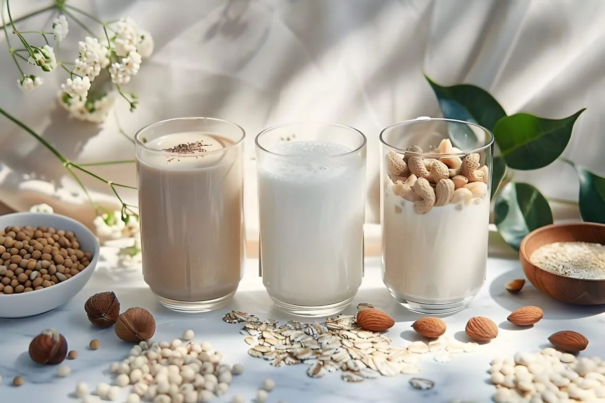 r&oacute;żne napoje roślinne w szklankach, mleko owsiane migdałowe sojowe