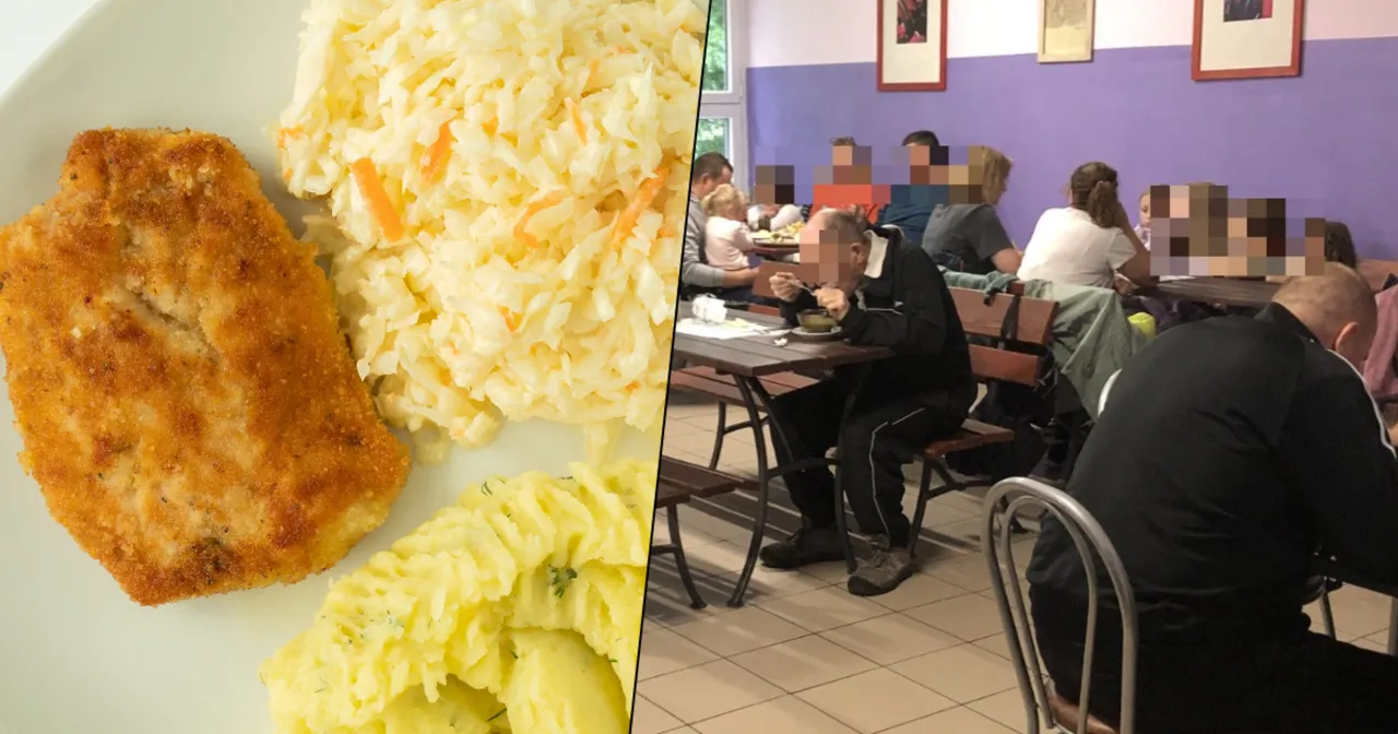 Kotlet schabowy z ziemniakami i surówką, czyli polski obiad. W tle ludzie jedzący lunch w stołówce.