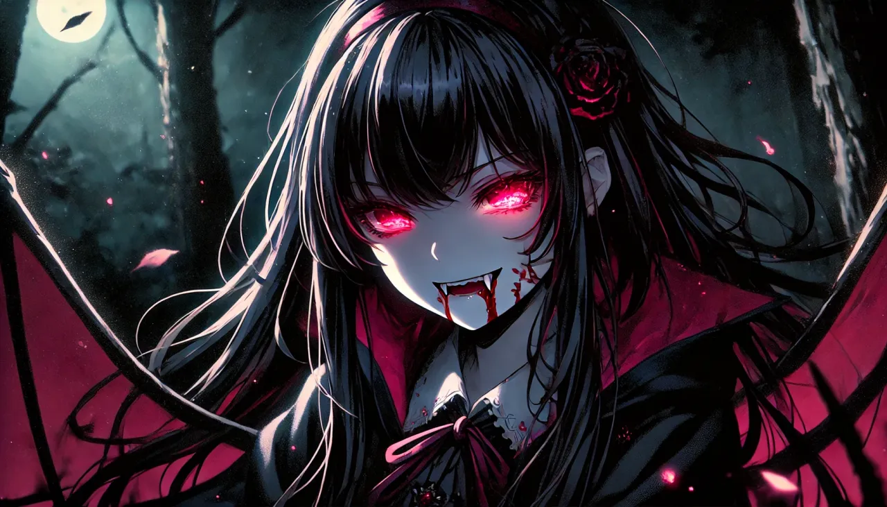 Mroczna weebka, wampirzyca z płonącymi oczami i zakrwawionymi kłami, w lesie pod księżycem.