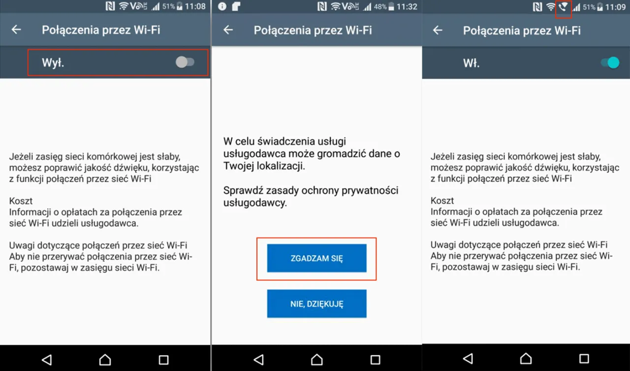 Wyłączanie Wi-Fi Calling Android