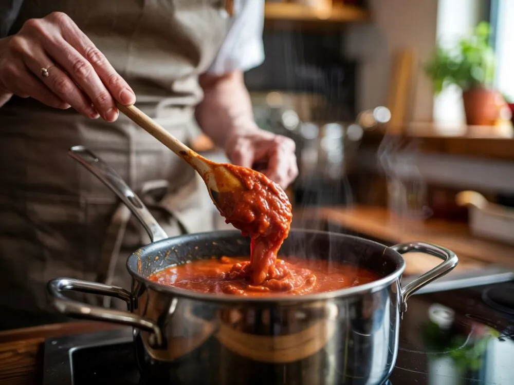 Sos do spaghetti gotujący się w garnku