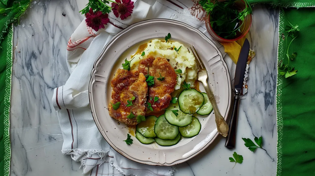 Dwa kotlety sojowe Sante z puree ziemniaczanym i og&oacute;rkiem. Czy kotlety sojowe Sante są zdrowe? Wyglądają apetycznie!