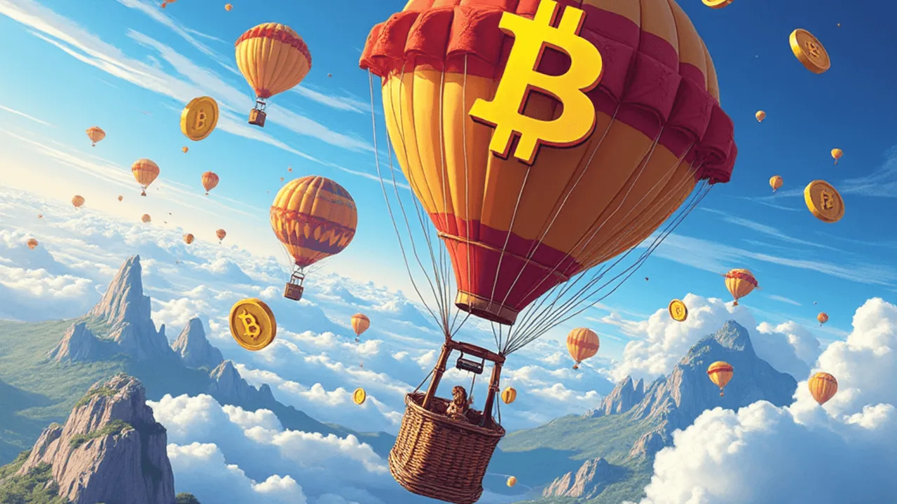 Balony z symbolem Bitcoina unoszą się nad g&oacute;rami, jakby to był airdrop kryptowaluty.