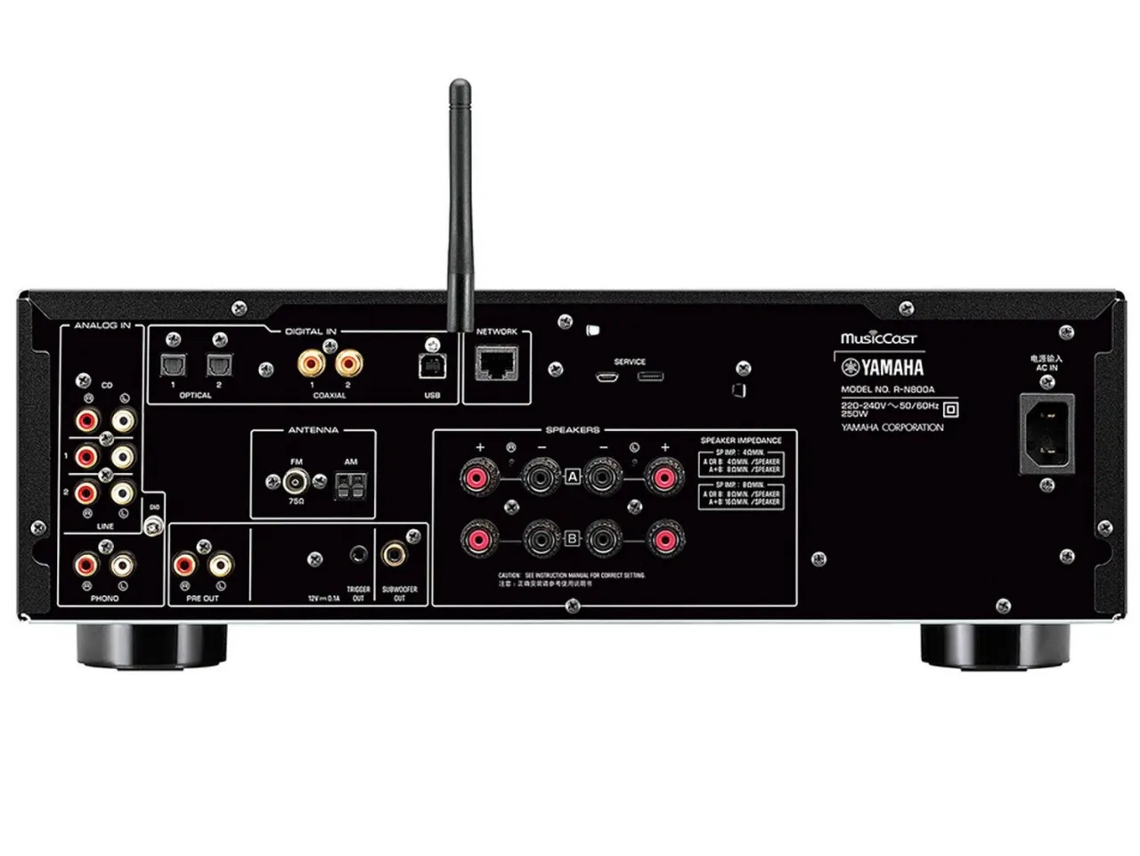 Tył amplitunera Yamaha z licznymi złączami. Porównujesz amplituner Denon czy Yamaha?