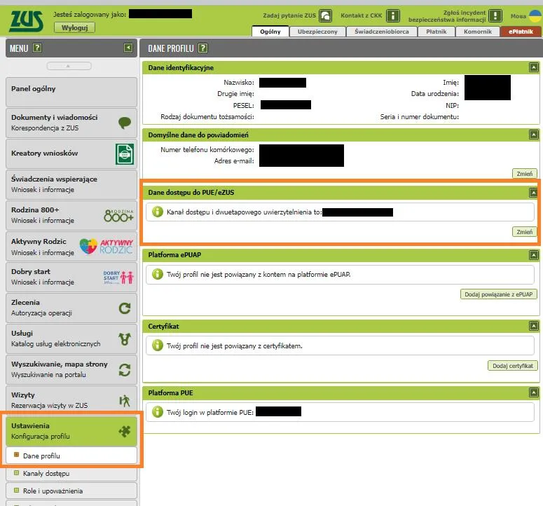 PUE ZUS logowanie lub ekran główny