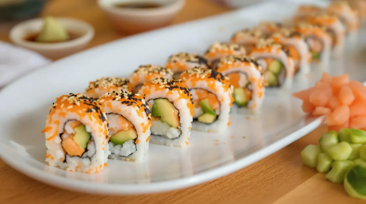 Rząd roladek sushi california roll, posypanych sezamem i ikrą, z awokado i łososiem w środku.