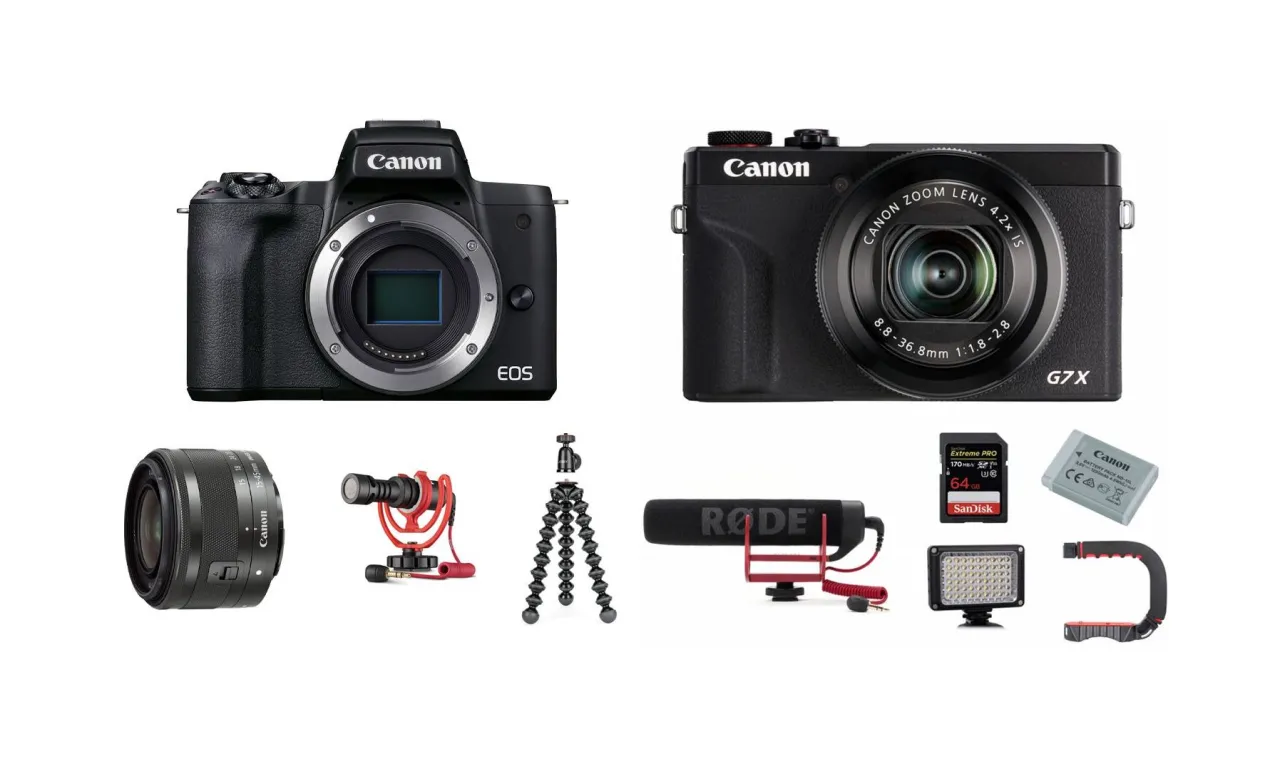 Zestaw Canon EOS z obiektywem, aparatem G7X, mikrofonem Rode, lampą LED, kartą pamięci i uchwytem. Zastanawiasz się, ile kosztuje aparat?