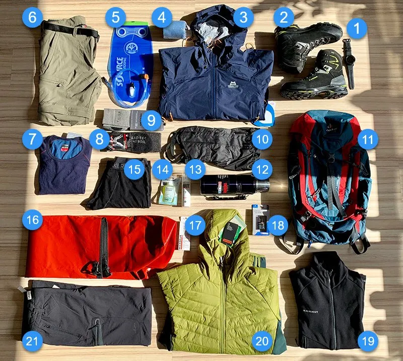 Trekking-Ausrüstung für Kilimandscharo flach ausgelegt