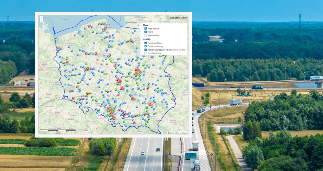 Mapa Polski z zaznaczonymi punktami CANARD. Widać wiele lokalizacji fotoradar&oacute;w na światłach, kt&oacute;re monitorują ruch drogowy.