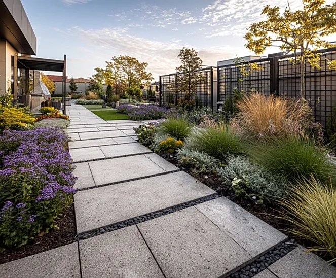 układanie kostki brukowej przy ogrodzeniu panelowym