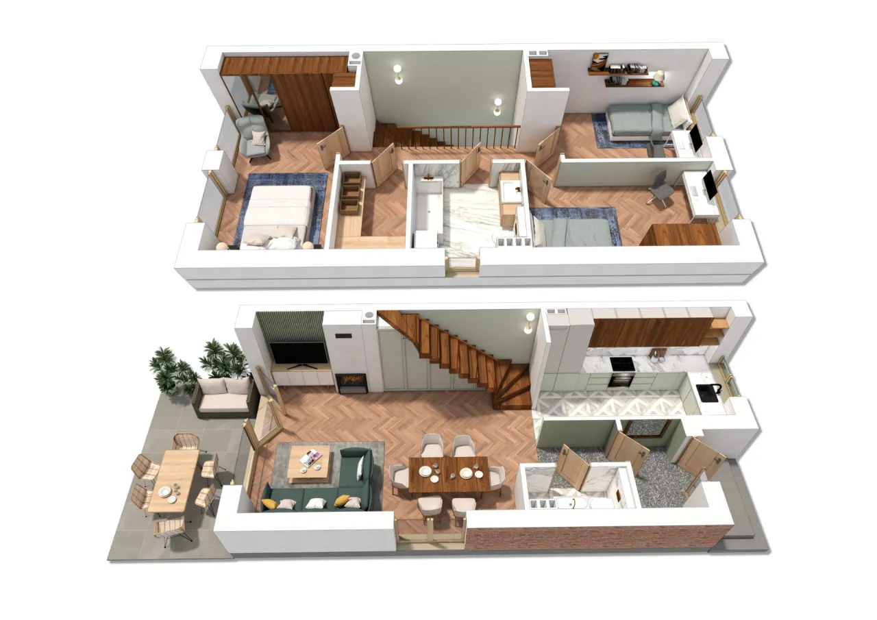 przykładowe wizualizacje 3D wnętrza i rzuty techniczne