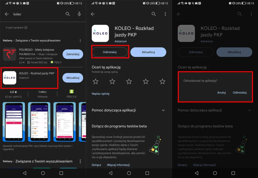 Jak odinstalować aplikację Android ekran gł&oacute;wny