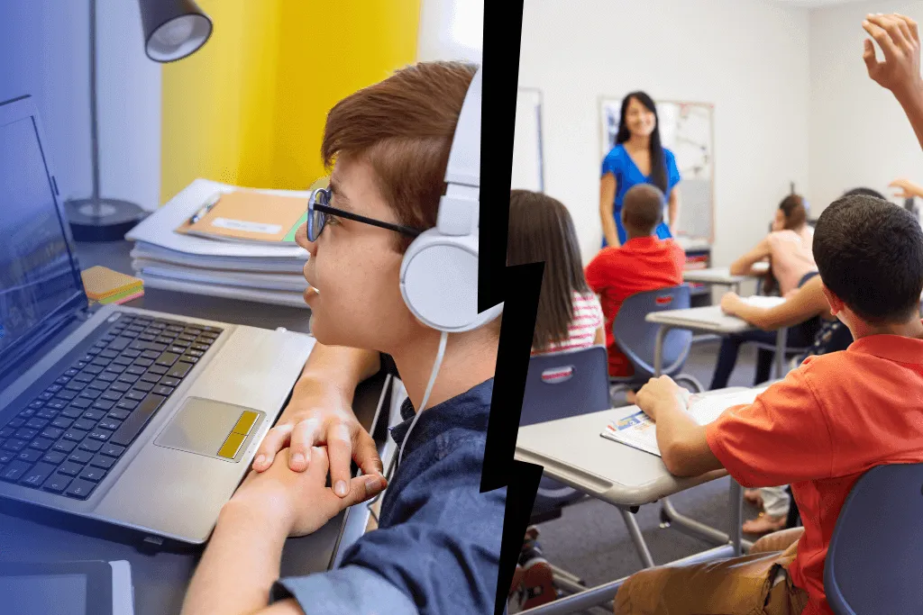 Uczeń na lekcji online i uczeń w klasie stacjonarnej por&oacute;wnanie