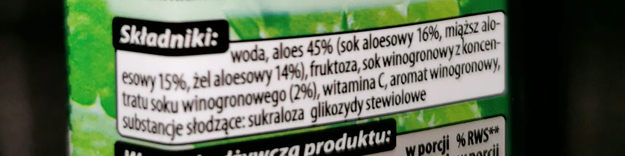 etykieta napoju aloesowego skład