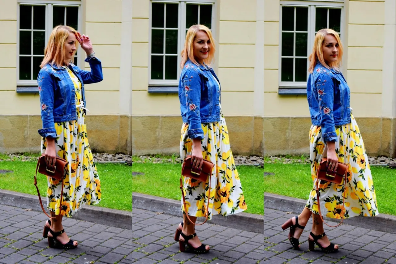 stylizacje dżinsowa kurtka sukienka w kwiaty