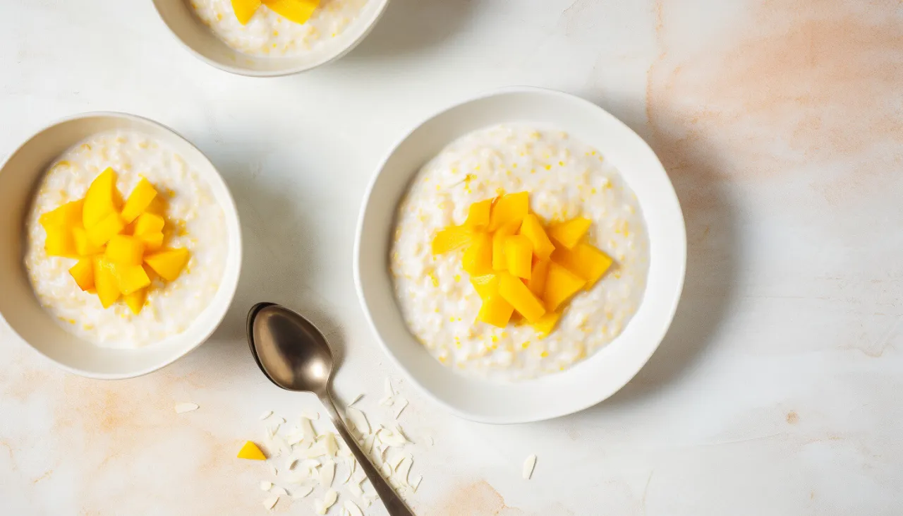 Egzotyczny pudding ryżowy z mango i mleczkiem kokosowym