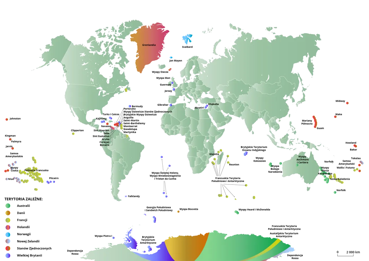 Mapa świata z zaznaczonymi terytoriami zależnymi. Pokazuje, ile jest państw na świecie i ich posiadłości.