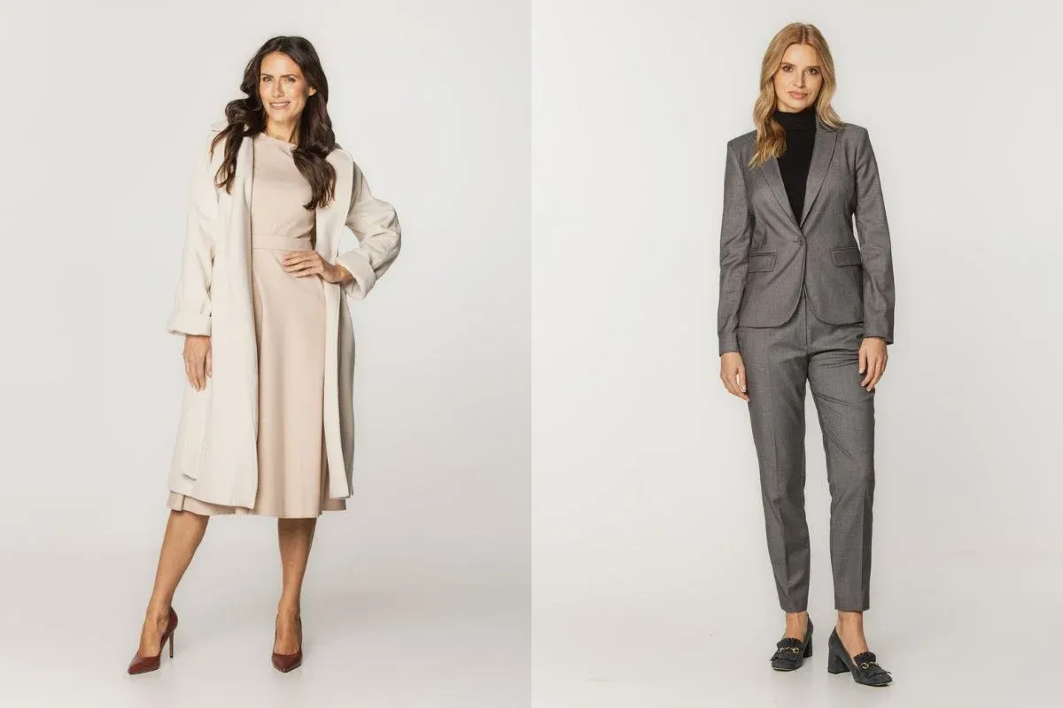 Styl old money vs klasyczna elegancja w modzie wizytowej: beżowa sukienka i płaszcz kontra szary garnitur.