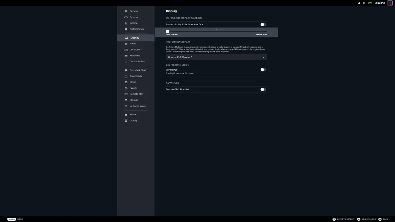 Steam settings interface, Big Picture options