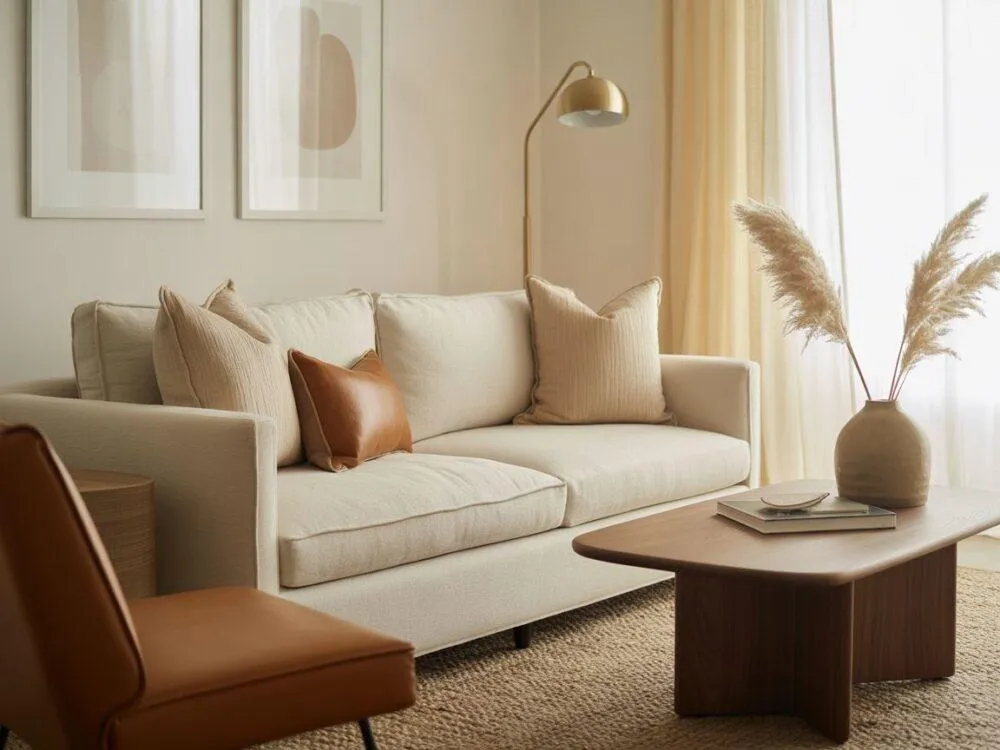 salon brąz beż r&oacute;żne faktury tekstylia drewno