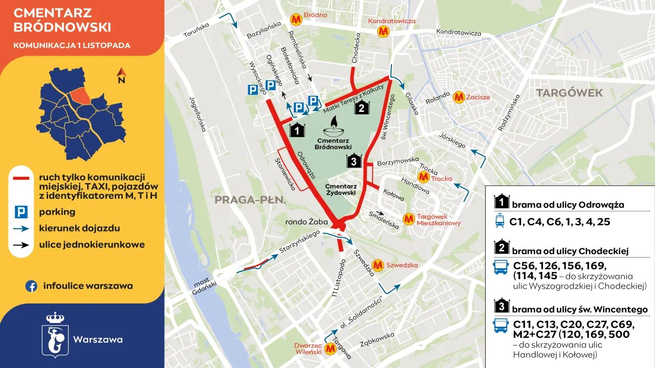 Mapa Warszawy z zaznaczonymi cmentarzami komunalnymi